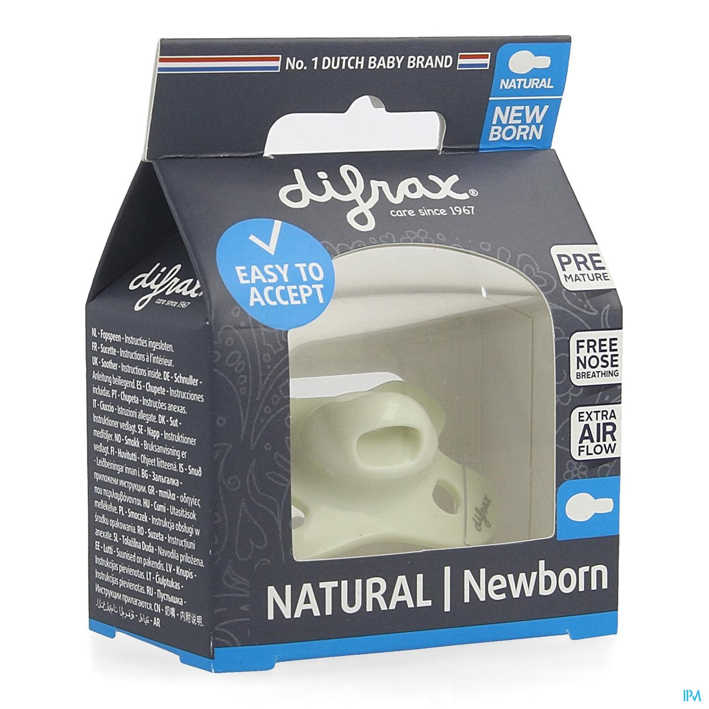 Difrax Fopspeen Natural Newborn Uni/pure Assorti packshot