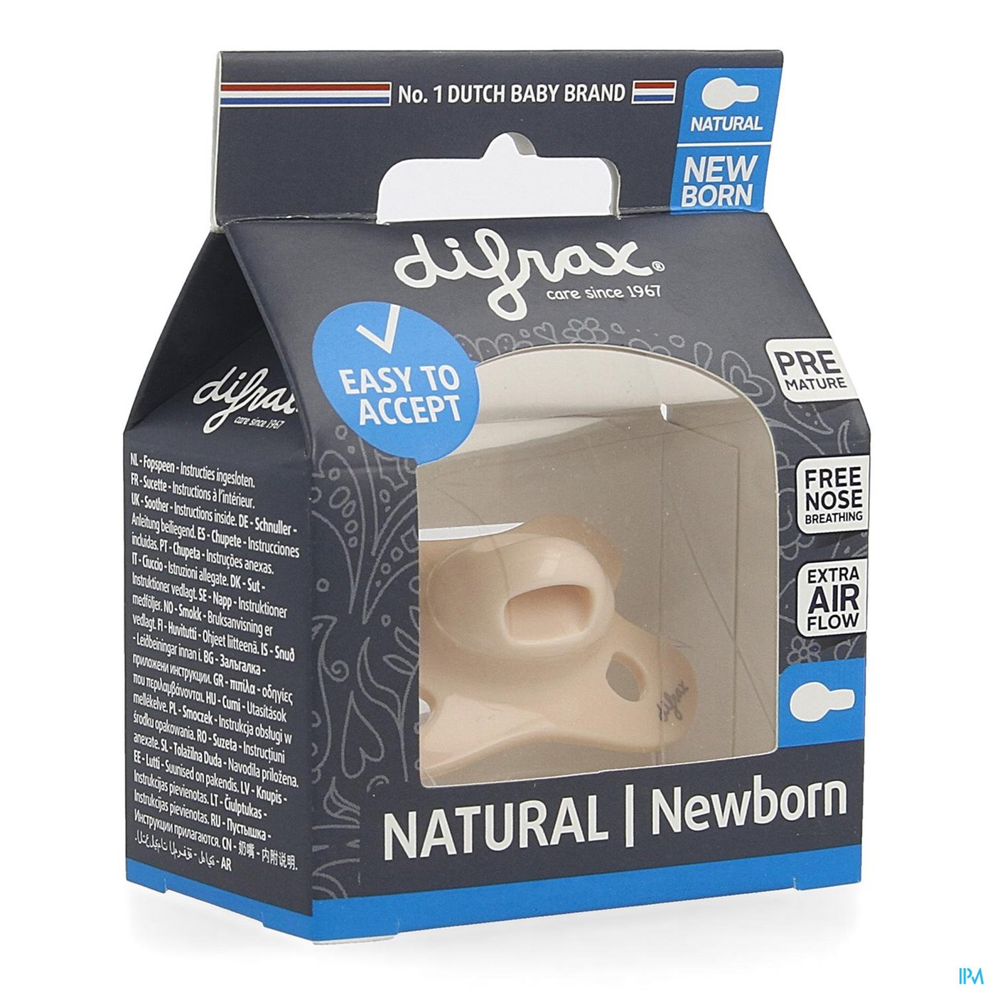 Difrax Fopspeen Natural Newborn Uni/pure Roze/blos packshot
