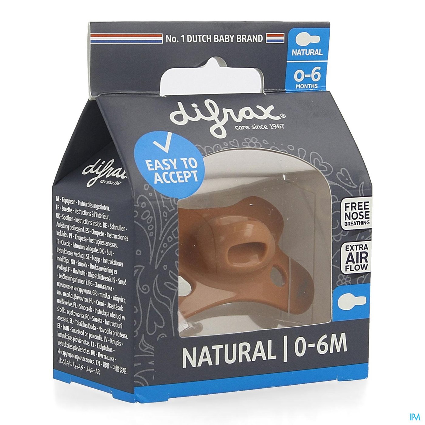 Difrax Fopspeen Natural 0-6m Uni/pure Bruin/brick packshot